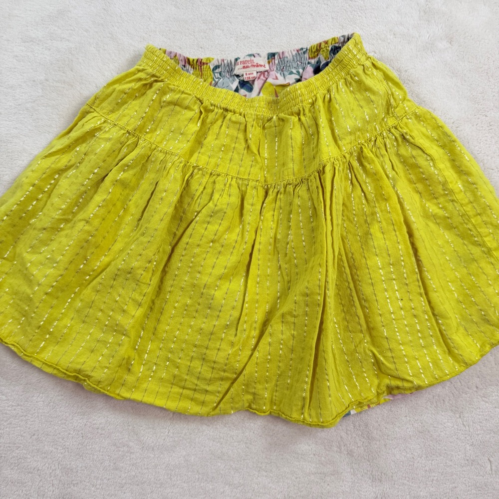 Du Pareil au Meme Girls Reversible Skirt Yellow Gold‎ Stripe Floral Size 8 128cm